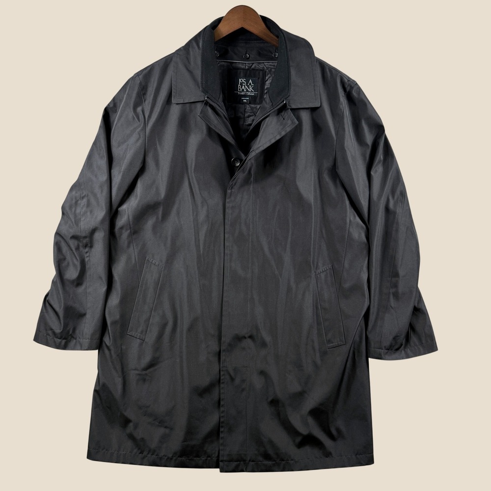 Jos A Bank Trench Coat Men 44L Black Traveler Wool Liner Business Warm Classic